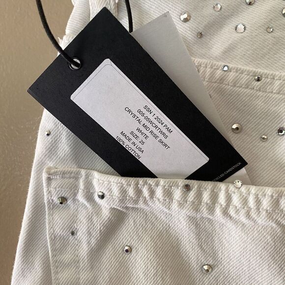 Re/done & PAM Levis White Denim Crystal Denim Wrap Mini Skirt NWT Sz 25 $495 - Picture 11 of 12